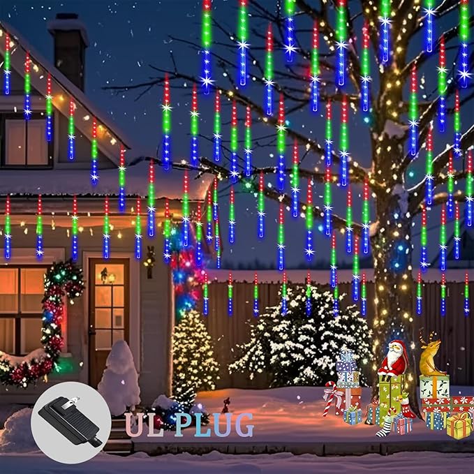Meteor Shower Lights Outdoor Christmas Lights 24-Tube 576LEDs Snow Falling Rain Cascading Icicle Light for Christmas Tree Decorations Wedding Party Holiday Garden Decor, UL Plug Multi Color