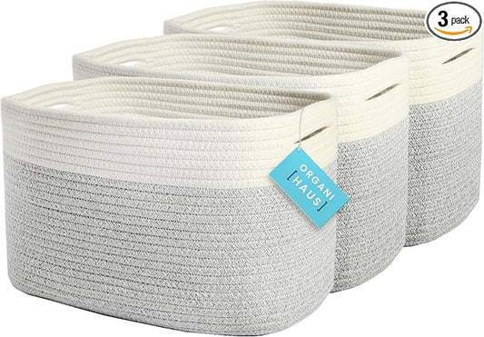 OrganiHaus Set of 3 Grey Woven Baskets for Organizing, Cotton Rope Basket for Decor, Shoe Basket Organizers & Storage, Decorative Storage Baskets & Bins, Cute Storage Basket for Toys & Cloths