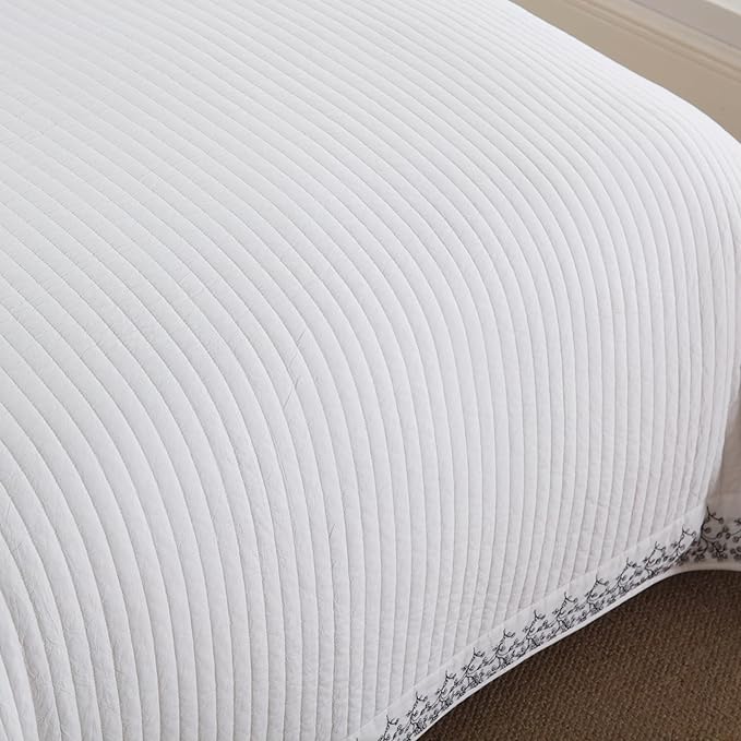 MarCielo 3-Piece 100% Cotton White Striped Quilt Set with Botanical Edge Embroidery TC(Sakura White,Queen (98" X 90"))