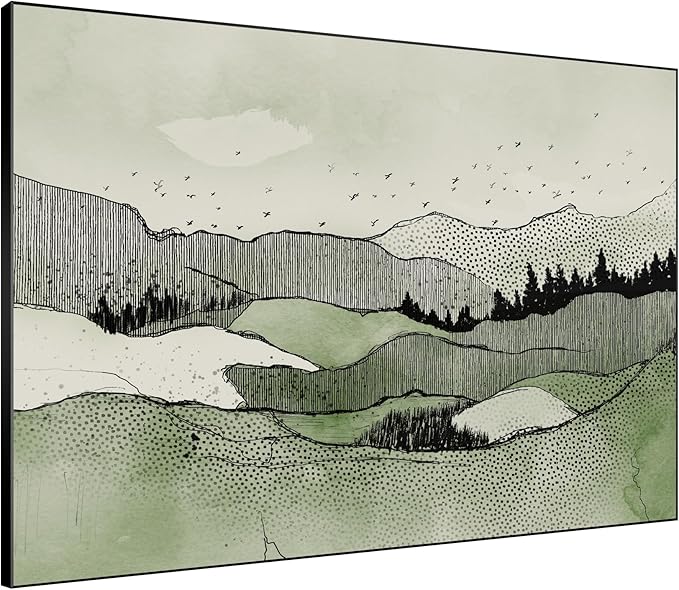 SIGNWIN 46"x60" Extra Large Framed Wall Art Green Line Art Mountain Landscape Illustration for Home Living Room Bedroom Decor (Frame Assembly Required)