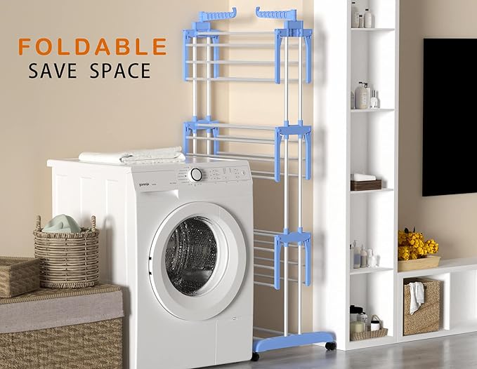 HOMIDEC Clothes Drying Rack, Large 4-Tier Foldable Drying Rack Clothing(67.7H x 19.7W x 30L Inches), Movable Drying Rack with 4 castors. Multifunctional Stainless Steel Laundry Drying Rack, Blue