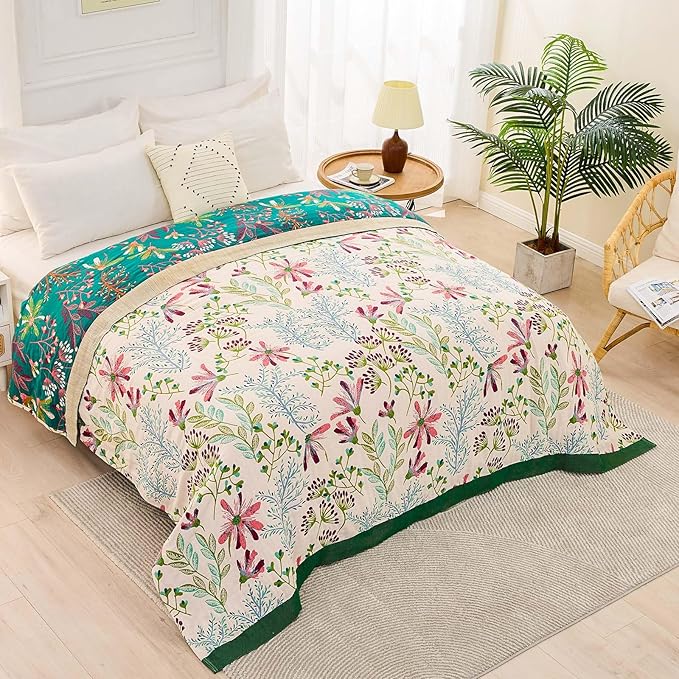 Boho Throw Blanket for Bed, 100% Cotton Soft Rustic Quilt Fall Blanket, 90"x98" Floral Printed Farmhouse Decor Bed Blankets, All Season Rustic Reversible Bohemian Throw Quilt