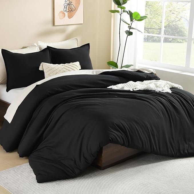 Litanika Black Comforter Full Size, 3 Pieces Boho Lightweight Solid Bedding Comforter Set, All Season Fluffy Bed Set (79x90In Comforter & 2 Pillowcases)