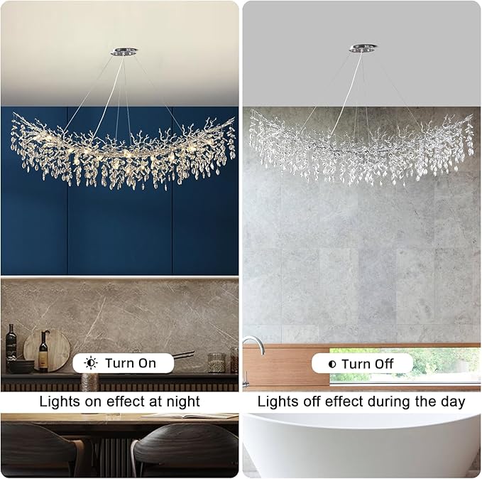 Modern Crystal Silver Chandelier,72" Large Rectangular Chandeliers for Dining Room, Tree Branch Crystal Lving Room Chandelier,Dining Room Over Table Chandelier,Fixture Height-Adjustable