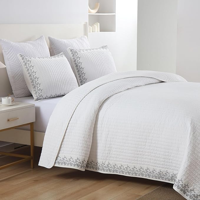 MarCielo 3-Piece 100% Cotton White Striped Quilt Set with Botanical Edge Embroidery TC(Sakura White,Queen (98" X 90"))