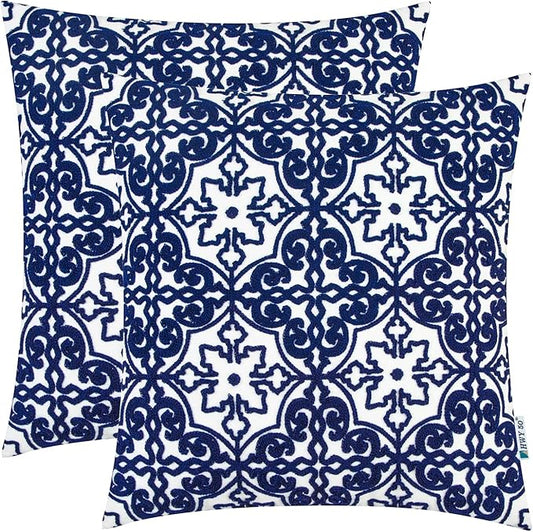 HWY 50 Navy Blue Decorative Throw Pillow Covers 18x18 Inch, Pack of 2 Embroidered Cotton Farmhouse Cushion Cover Pillow Case for Sofa Couch Living Room Bed Bedroon, Modern Pattern
