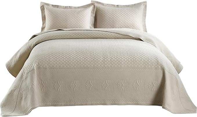MarCielo 3-Piece 100% Cotton Oversized Bedspread Lightweight Quilt Coverlet Embroidery Farmhouse Bedding Set (TM Khaki Beige, Oversized King (118"x106"))