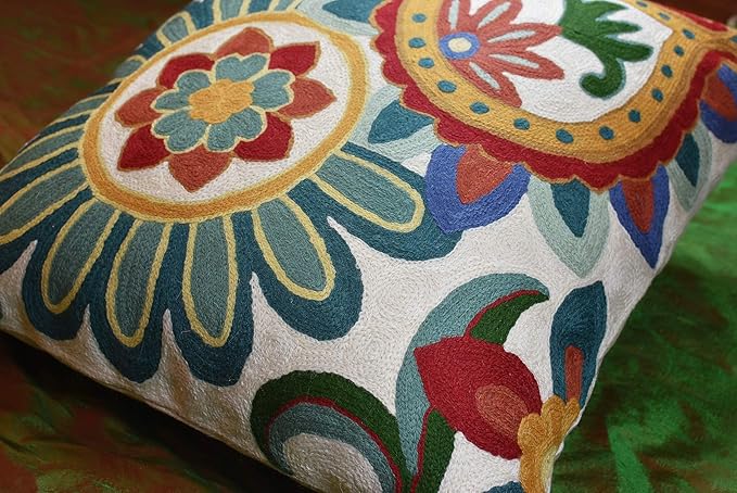 Daisy Floral Pillow Cover Teal Flower Pillowcase Flowery Outdoor Cushion Suzani Accent Pillowsham Flower Floral Chair Cushion Hand Embroidered Cushions Wool Size 18x18