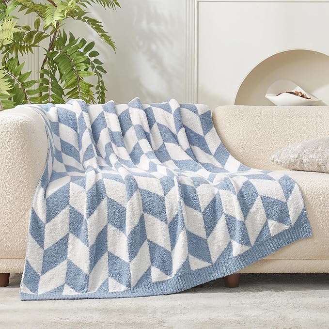 Snuggle Sac Chevron Throw Blanket for Couch, Reversible Super Soft Warm Blankets Cozy Knit Fuzzy Plush Lightweight Throws for Sofa, Bed, Camping, Blue, 50x60 inches