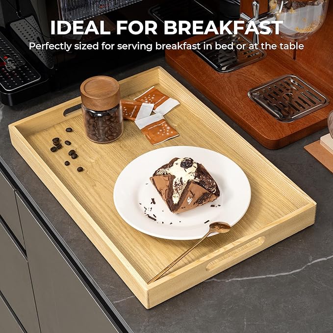 Axeman Wooden Serving Tray with Wood Handles|Ottoman Tray for Breakfast, Bed, Couch|17x12in Ash Wood Coffee Table Trays|Food Drinks Decorative Storage Boards for Ottoman Kitchen, Natural