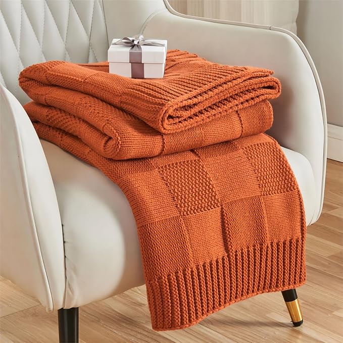 CozeCube Check Knit Throw Blanket, Rust Orange Checkered Throw for Couch, Decorative Christmas Soft Cozy Warm Knitted Blanket for Bed Sofa Living Room, 50"X60"