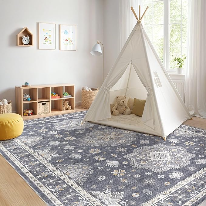 Washable Area Rugs for Living Room - 7x9 Neutral Vintage Distressed Floral Farmhouse Boho Large Soft Floor Rug Indoor Non Slip Carpet for Living Room Bedroom Dining Room Office - Denim Blue/Grey