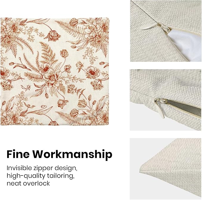 CXMEIFLY Burnt Orange Spring Pillow Covers 18 x 18 Inch Set of 2 for Chinoiserie Flowers Decor Throw Pillows Floral Leaves Seasonal Plant Outdoor Decorative Cushion Cases for Couch Bed Decorations