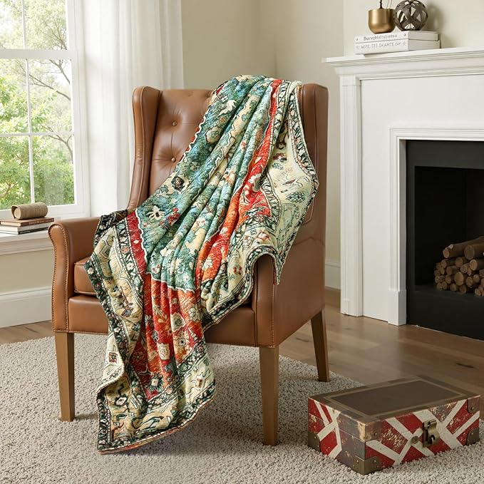 Lahome Boho Red Fluffy Bed Blanket, Reversible Soft Small Blankets for Couch, Decorative Fleece Throw Blankets for Women Home Retro Decor, Red 50''x60''