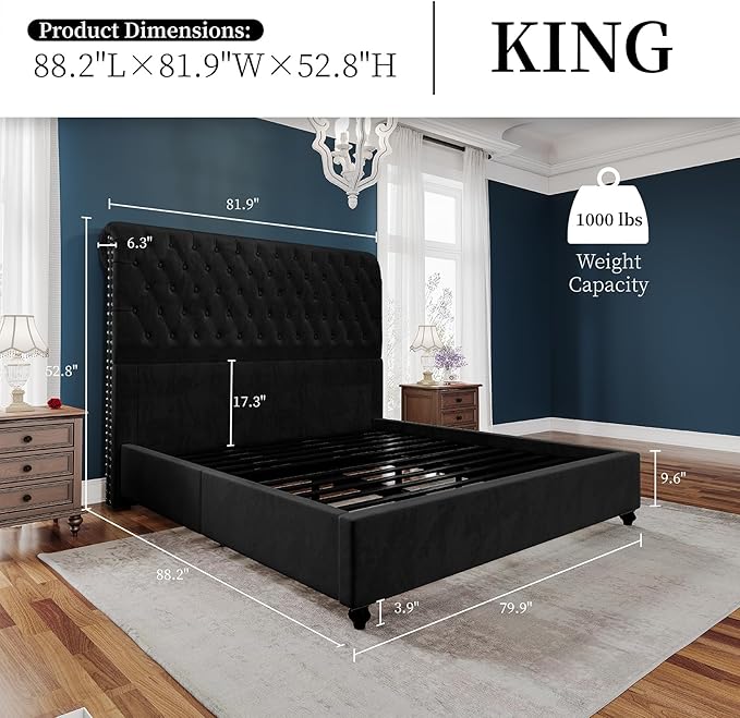 PaPaJet King Bed Frame Upholstered Platform Bed Frame with 52.8'' Tall Sleigh Headboard, Button Tufted, No Box Spring Needed, Easy Assembly, Black