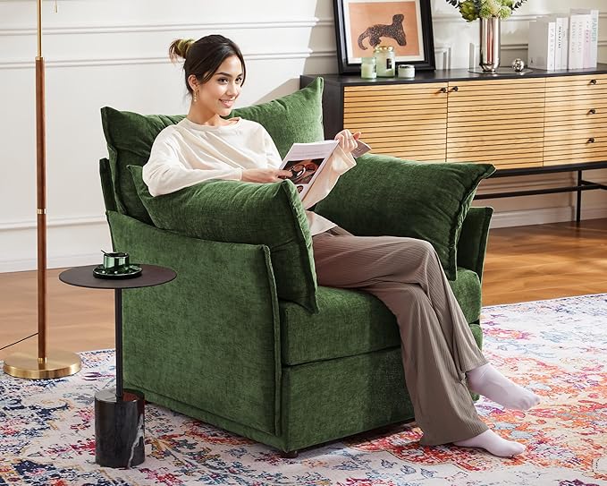 Oversized Accent Chair, Upholstered Modern Sofa Chair with Removable Backrest & Detachable Cover, 24.5" Deep Seat Large Reading Armchair for Living Room Bedroom Office - Chenille Green Set of 2