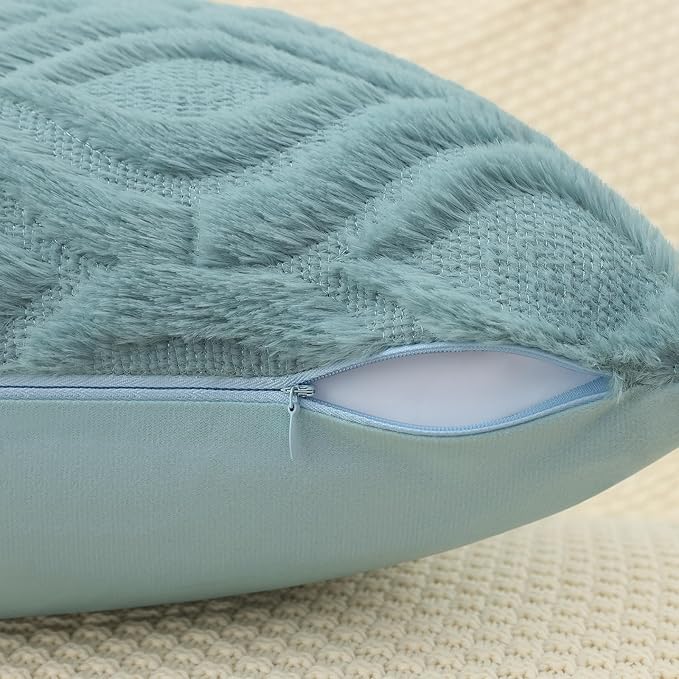 decorUhome Fall Throw Pillow Covers 12x20 Inch Set of 2, Soft Plush Decorative Faux Fur Aqua Solid Couch Pillow Covers, Accent Farmhouse Neutral Lumbar Euro Pillow Cases for Sofa Bed Living Room