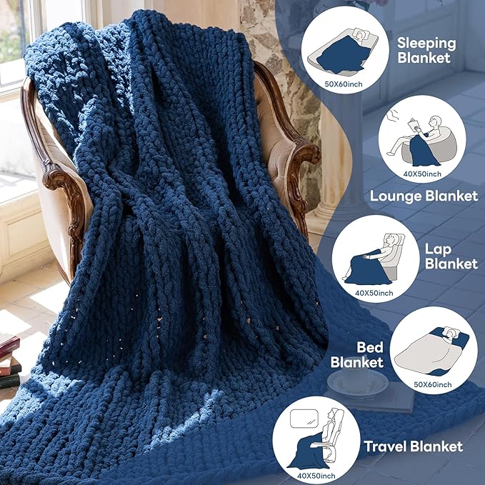 Chunky Knit Blanket - Luxury Soft Cozy 40 * 50 Throw Blanket,100% Woven Blanket Rope Knot Throw Blanket for Couch, Sofa, Home Decor, Gift - Machine Washable（Deep Blue）