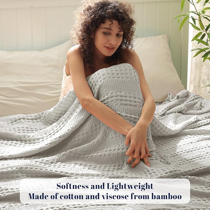 PHF Cooling Waffle Blanket Twin Size, Lightweight 60% Rayon Derived Bamboo & 40% Cotton Breathable Blanket for Hot Sleepers, Soft and Luxury for Bed Couch and Sofa, 66"x90", Grey