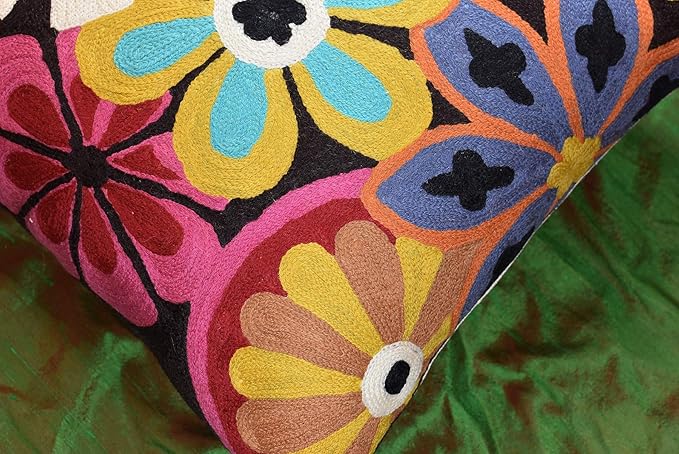 Modern Black Daisy Floral Pillow Cover Accent Flower Traditional Pillowcase Hand Embroidered Florals Couch Pillowsham Boho Outdoor Cushion Suzani Accent Pillow Wool 18x18 Inch