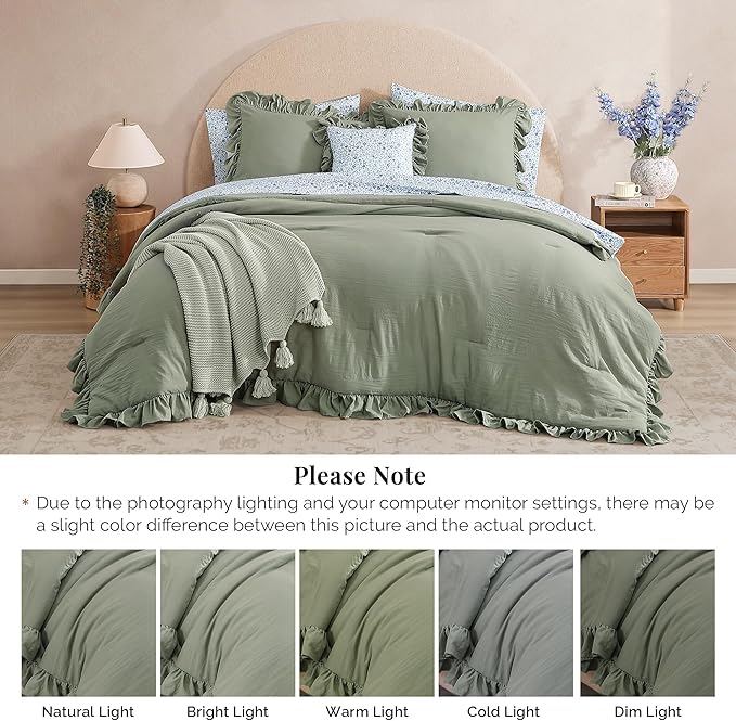 Queen Comforter Set - 7 Pieces Ruffle Sage Green Bedding Sets, Shabby Chic Farmhouse Bed in a Bag Queen with Ruffle Comforter, Floral Sheets, Pillowcases & Shams