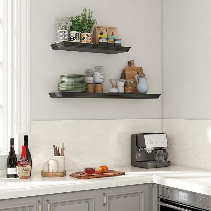 Floating Shelves for Wall, 24 Inch Long Wall Mounted Black Hanging Shelf for Kitchen, Living Room, Office, Bedroom, Bathroom, Retro Vintage Wood Bookshelf for House Decor