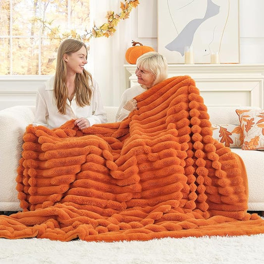 Cozy Bliss Fall Harvest Faux Fur Throw Blanket for Couch, Cozy Warm Plush Striped Blanket for for Decorating Couch Sofa Bedroom Living Room,60 * 80 Inches Burnt Orange
