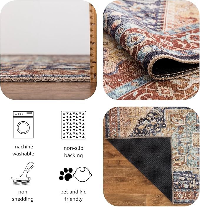 Keen Home Design 8x10 Rug - Machine Washable Area Rug with Non-Slip Backing, Ideal for Living Room, Dining Room, Bedroom - Vintage, Easy Clean, Durable, Low Pile Rug - (8' x 10')