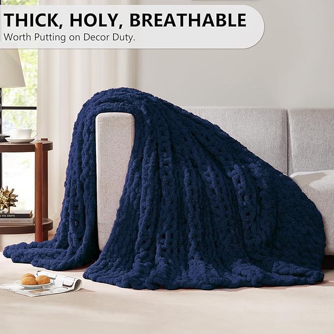 L'AGRATY Chunky Knit Throw: 72''x84'' Chenille Blanket for Bed Couch - Handmade Thick Big Cable Knit - Large Crochet Throw for Home Decor (Navy Blue)