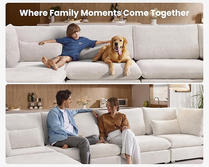 Oversized Modular Sofa, Extra Deep Cloud Chenille Sectional Couch with Ottoman Chaise, Fluffy Chenille Loveseat L Sofa for Living Room, Villa (Loveseat+Ottoman, Chenille White)