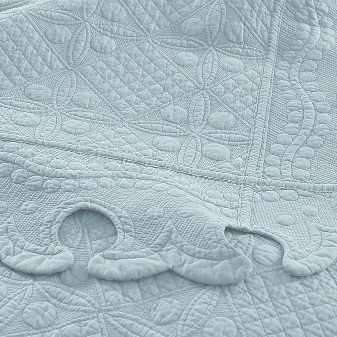 MarCielo 3-Piece 100% Cotton Oversized Bedspread Lightweight Quilt Coverlet Embroidery Farmhouse Bedding Set (TW Mint Green Blue, Oversized King (118"x106"))