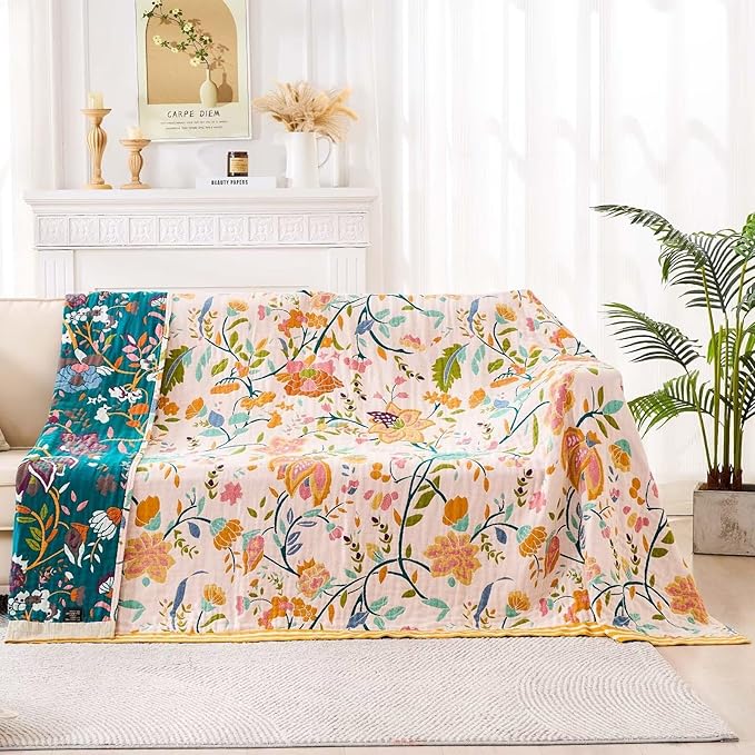 Boho Throw Blanket for Bed, 100% Cotton Soft Rustic Quilt Fall Blanket, 60"x80" Floral Printed Farmhouse Decor Bed Blankets, All Season Rustic Reversible Bohemian Throw Quilt