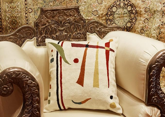 Kandinsky Contemporary Throw Pillow Cover - Cream | Modern Pillow Cases | Abstract Throw Pillows | Modern Boho Pillow | Abstract Chair Cushions | Hand Embroidered Cushion | Wool Size 18x18