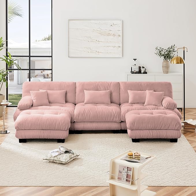 U Shaped Couch Sectional Couch, 3-Seater Cloud Couch Sectional Oversized Couch, Sofa Bed Couch with Round Bolster Armrests 5 Pillows, Modular Couch Home Sofa Living Room Couch(Pink)