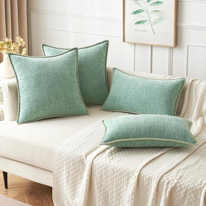 MIULEE Pack of 2 Couch Throw Pillow Covers 20x20 Inch Greyish Green Farmhouse Decorative Pillow Covers with Stitched Edge Soft Chenille Solid Dyed Spring Pillow Covers for Sofa Bed Living Room