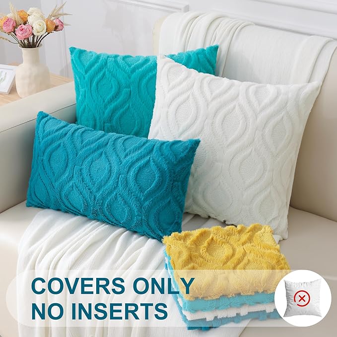 decorUhome Fall Throw Pillow Covers 22x22 Inch Set of 2, Soft Plush Decorative Faux Fur Turquoise Solid Couch Pillow Covers, Accent Farmhouse Neutral Square Euro Pillow Cases for Sofa Bed Living Room