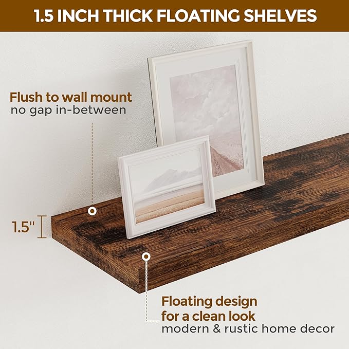 48 Inch Floating Shelves Set of 2, Rustic 48 x 9 Floating Shelf for Wall, 9 Inch Deep Bookshelf Invisible Bracket, Wall-Mounted Deep Shelving for Bedroom, Kicten, Living Room, Rustic Brown Color