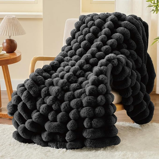 BEDELITE Faux Fur Throw Blanket for Couch, Soft and Cozy Luxurious 3D Striped Fluffy Blanket, 770GSM Thick Warm Plush Fuzzy Faux Rabbit Fur Blanket for Women Gift (Black, 60"x 80")