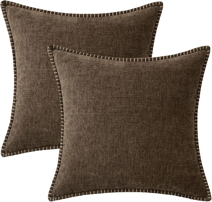 MIULEE Pack of 2 Couch Throw Pillow Covers 18x18 Inch Brown Farmhouse Decorative Pillow Covers with Stitched Edge Soft Chenille Solid Dyed Spring Pillow Covers for Sofa Bed Living Room