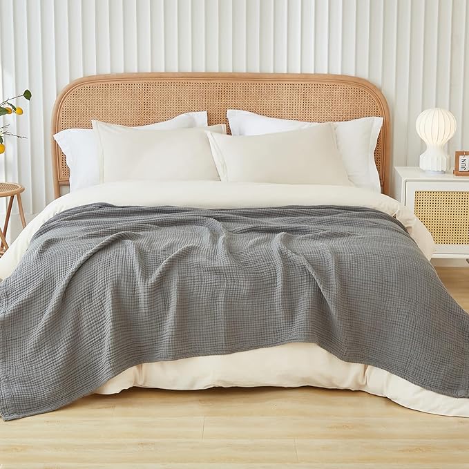 EMME Cotton Muslin Blanket King Size - Soft, Breathable Layering Blanket, 108"x90", All Season Gauze, Grey