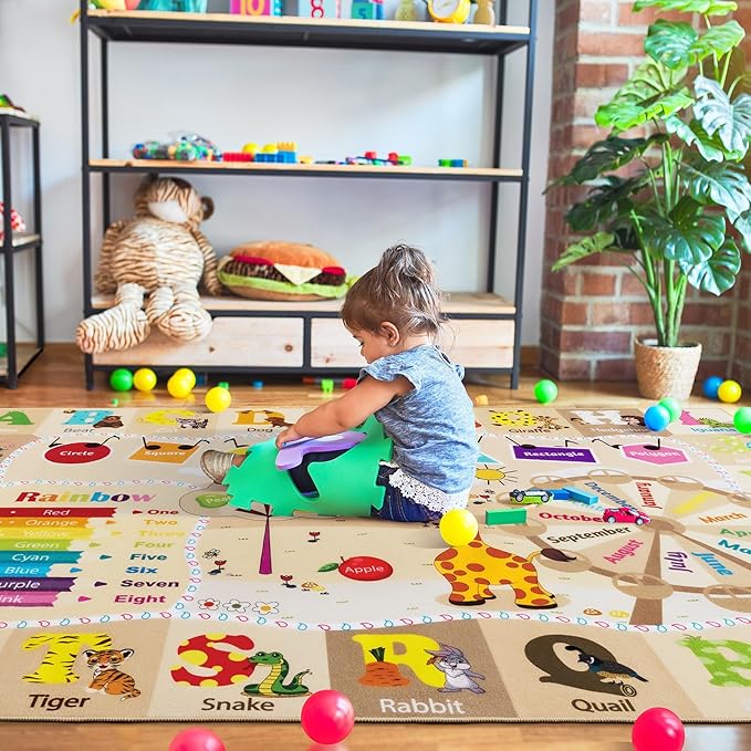 Kids Rugs for Playroom Washable, Educational and Fun Learning Rugs with ABC Alphabet Animals Shapes, Baby Toddler Children's Play Mat for Bedroom Classroom Nursery, 5x7 Feet, Beige and Pink