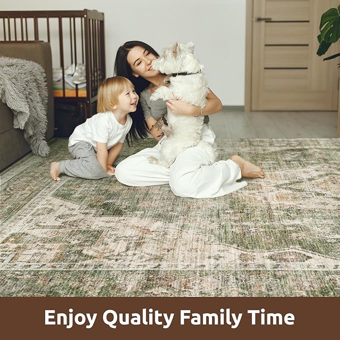 AMOAMI Vintage Soft Green Area Rug - 9x12, Non-Slip, Washable for Living Room, Bedroom, Dining Room, Office