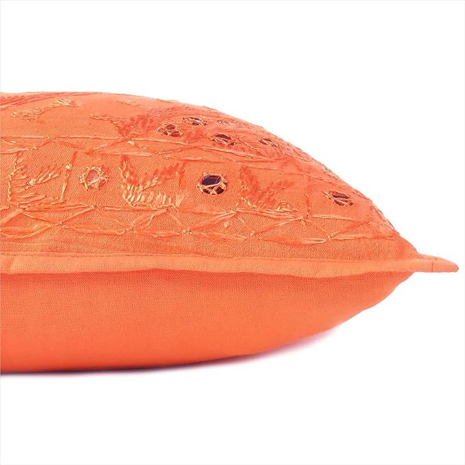 Eyes of India Embroidered Decorative Boho Throw Pillow Cover with Mirrors, Handmade Bohemian Accent Cushion Case for Sofa Couch Bedroom Living Room (Orange, 16" x 16")