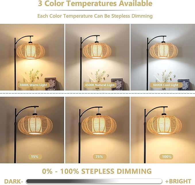 Arc Floor Lamps for Living Room Bedroom Rattan Boho Floor Lamp with Remote Control,Dimmable Led Standing Lamp Wicker Lamp Shade Rustic Tall Floor Lamp Modern Flower Lamp for Bedroom Corner