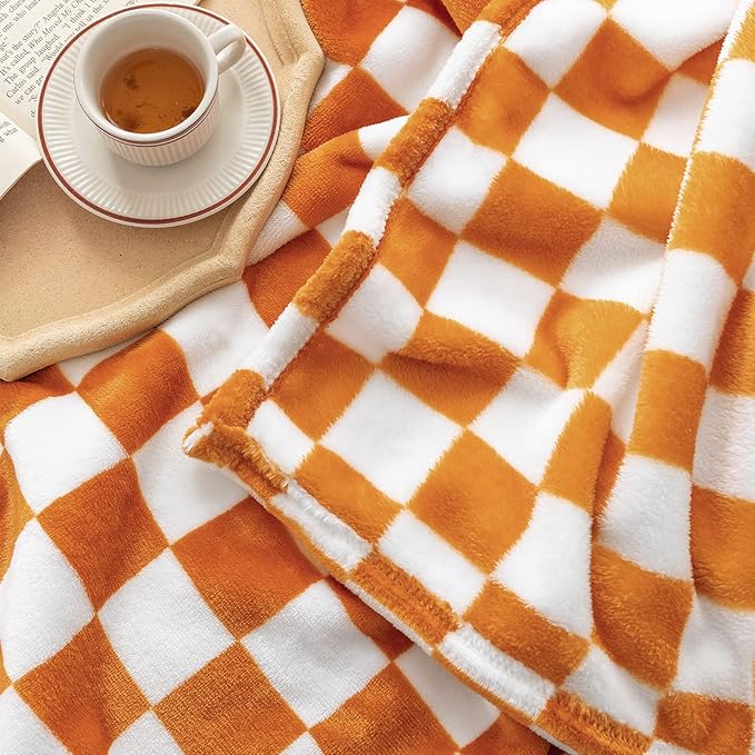 LOMAO Throw Blankets Flannel Blanket with Checkerboard Grid Pattern Soft Throw Blanket for Couch, Bed, Sofa Luxurious Warm and Cozy for All Seasons (Orange, 50"x60")