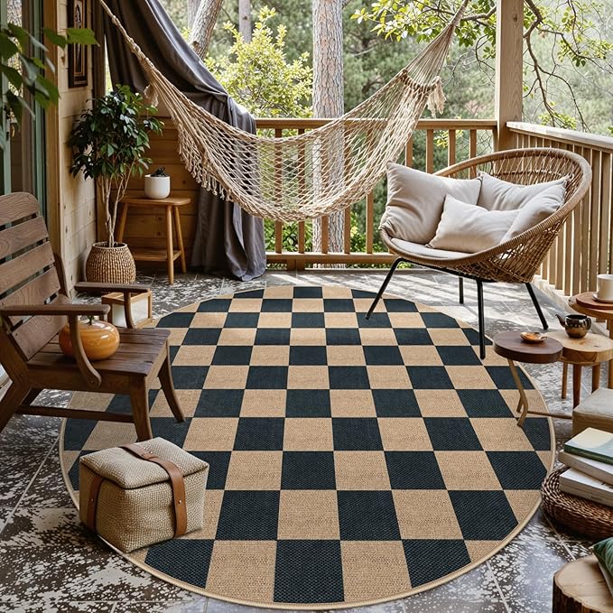 Lahome Checkered Round Rugs 6ft, Outdoor Patio Easy Jute Rug Indoor Outdoor Circle Carpet, Farmhouse Nature Non Shedding Non Slip Washable Black Carpet for Living Room Entry Deck
