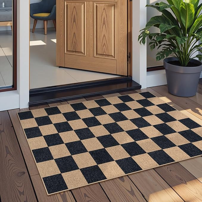 Lahome Checkered Easy Jute 2x3 Rug, Small Entryway Rug Non Slip Kitchen Front Door Mat, Farmhouse Neutral Area Rug Non Shedding Low Pile Floor Carpet for Foyer Porch Doorway