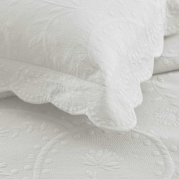 MarCielo 3-Piece 100% Cotton Oversized Bedspread Lightweight Quilt Coverlet Embroidery Farmhouse Bedding Set (TG Bright White, Oversized King (118"x106"))
