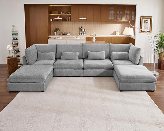 Oversized Modular Sofa, Extra Deep Cloud Chenille Sectional Couch with Ottoman Chaise, Fluffy Chenille 6 Seat U-Shaped Sofa for Living Room, Villa (U Shape 6 Seater, Chenille Grey)
