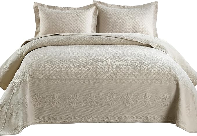 MarCielo 3-Piece 100% Cotton Oversized Bedspread Lightweight Quilt Coverlet Embroidery Farmhouse Bedding Set (TM Khaki Beige, Oversized King (118"x106"))